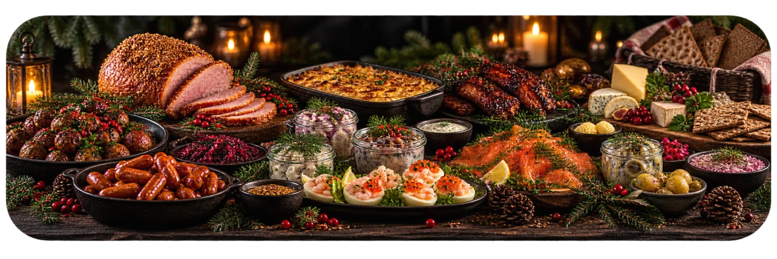 Julbord med julskinka, sill, lax och klassiska tillbehör